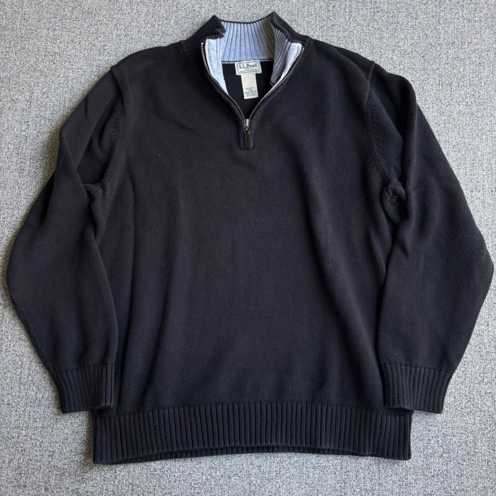LL Bean Sweater Mens L Black Quarter Zip Cotton Pullover Mock Neck 287736